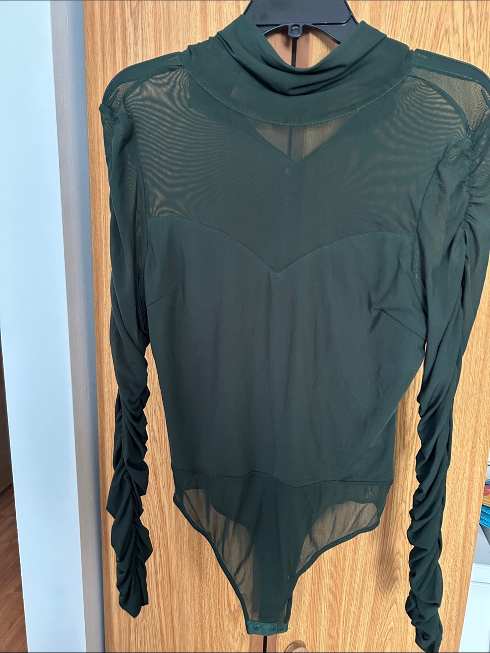Women's Dark Green Sheer Mock Neck Long Sleeve Bodysuit